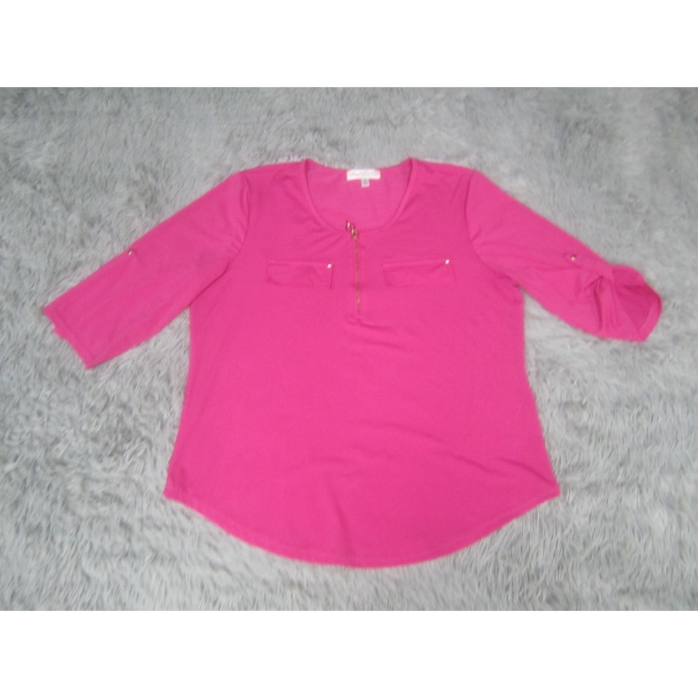 Stem & Vine Shirt Womens Medium Pink 3/4 Sleeve Scoop Neck Casual Zip‎ Up